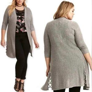 Torrid Gray Ribbed Knit Lattice Detail Long Cardigan